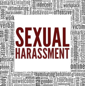 A conceptual design of a word cloud with the words "Sexual Harassment" prominently featured, isolated on a white background.